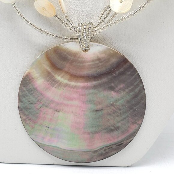 Mother Of Pearl Shell Necklace With Beaded Button Shape Accents Round Pendant - Picture 2 of 6